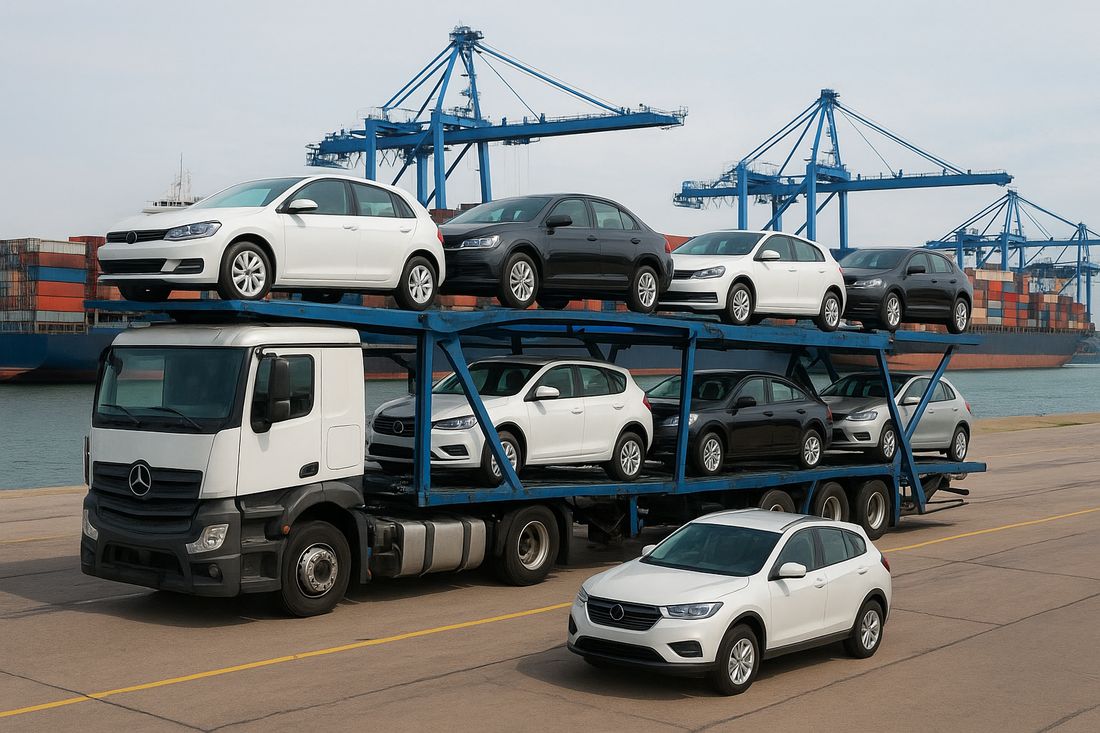 Camión portacoches en terminal portuaria con grúas